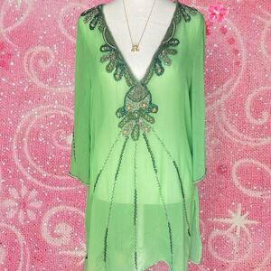 Arden B Fairy Sheer Green Beaded Flowy Tunic